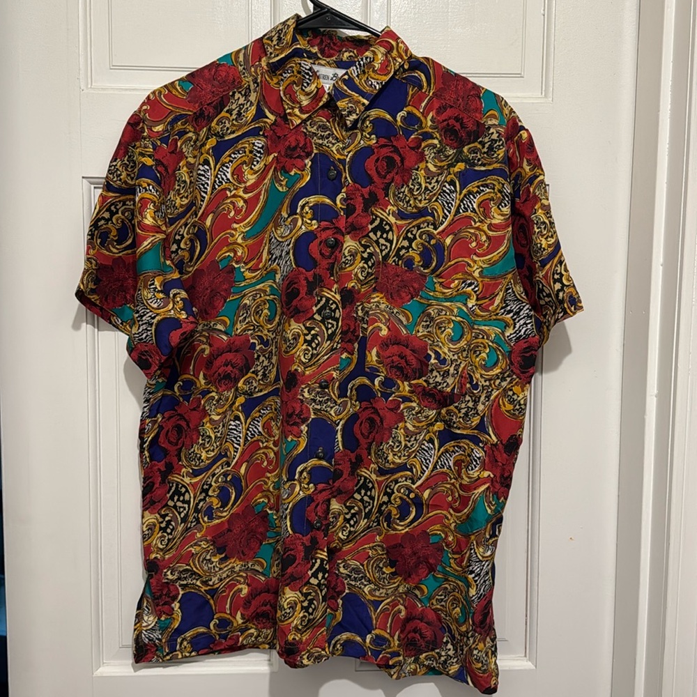 Vintage Flora Mob Wife 80s Lauren Brooke 💯 Button Down Silk Top Size M
